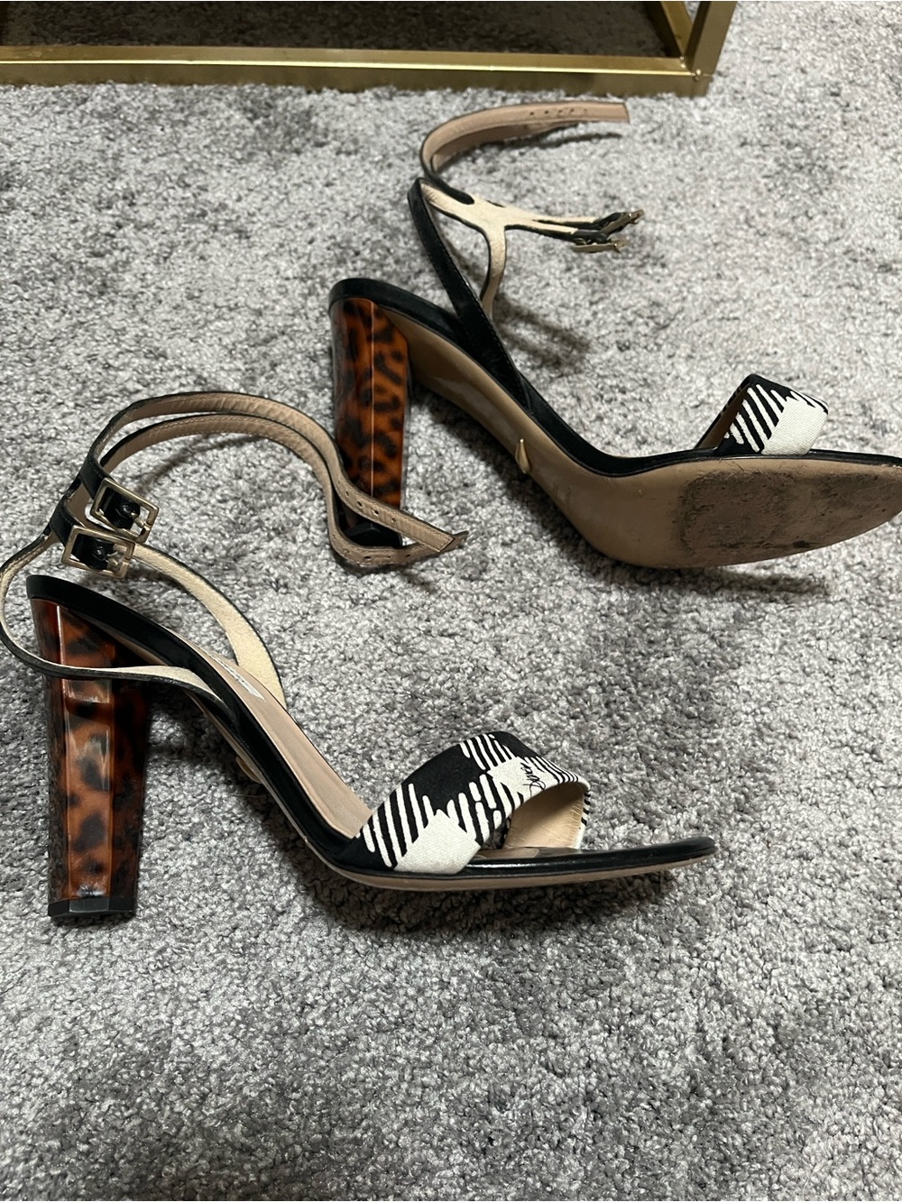 Diane Von Furstenberg Black Leather Heels with Black & White Plaid Straps